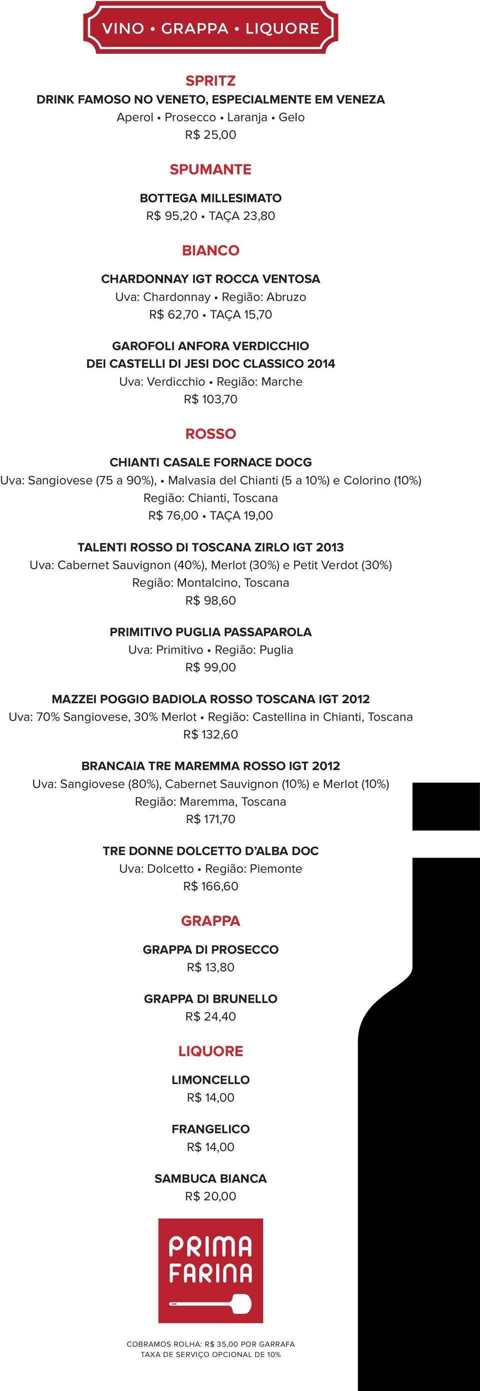Sangiovese (75 a 90%), Malvasia del Chianti (5 a 10%) e Colorino (10%) Região: Chianti, Toscana R$ 76,00 TAÇA 19,00 TALENTI ROSSO DI TOSCANA ZIRLO IGT 2013 Uva: Cabernet Sauvignon (40%), Merlot (30%)