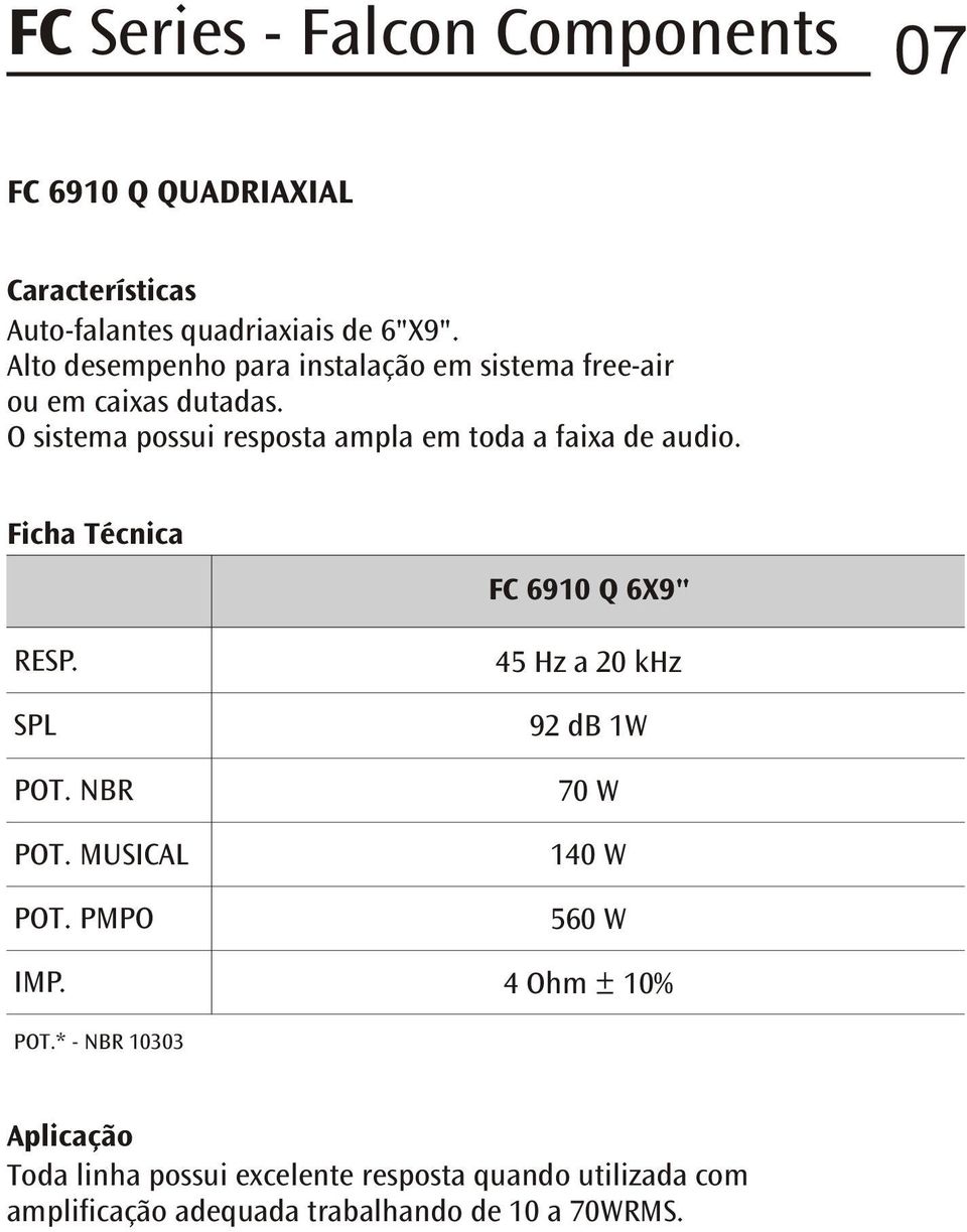 O sistema possui resposta ampla em toda a faixa de audio. POT. NBR POT. MUSICAL IMP.