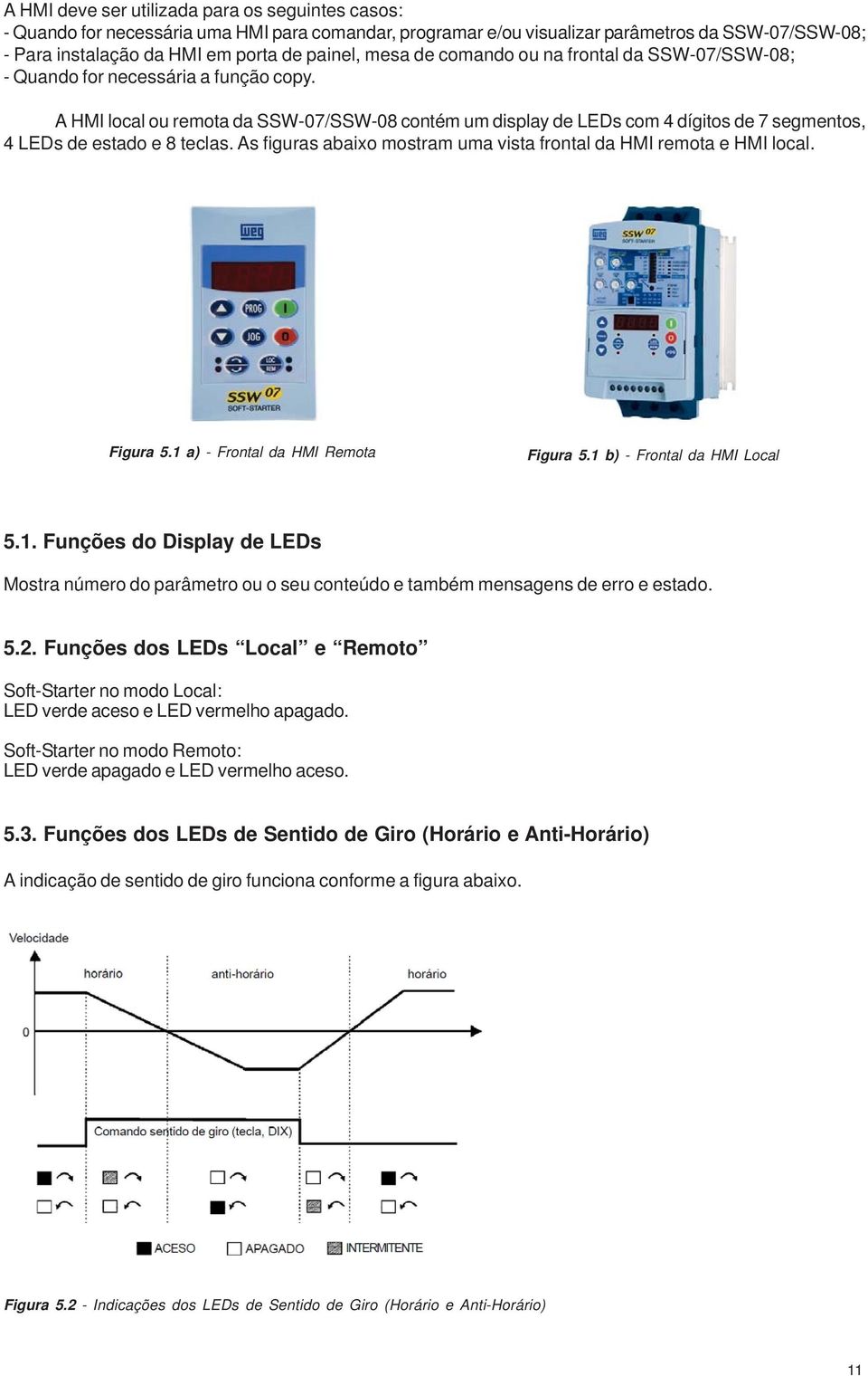 As figuras abaixo mostram uma vista frontal da HMI remota e HMI local. Figura 5.1 a) Frontal da HMI Remota Figura 5.1 b) Frontal da HMI Local 5.1. Funções do Display de LEDs Mostra número do parâmetro ou o seu conteúdo e também mensagens de erro e estado.