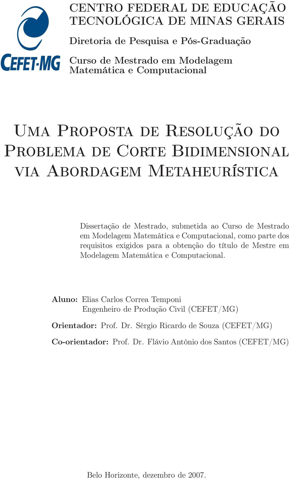 Computacional, como parte dos requisitos exigidos para a obtenção do título de Mestre em Modelagem Matemática e Computacional.