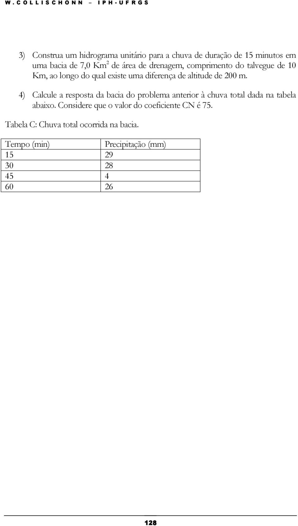 altitude de 200 m. 4) Calcule a resposta da bacia do problema anterior à chuva total dada na tabela abaixo.