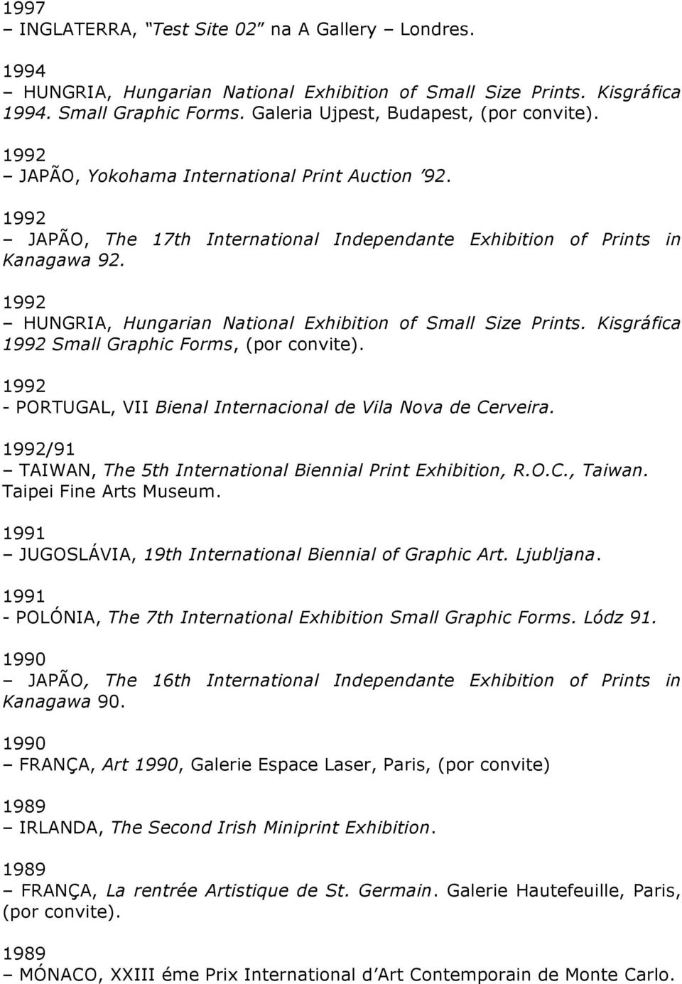 1992 HUNGRIA, Hungarian National Exhibition of Small Size Prints. Kisgráfica 1992 Small Graphic Forms, (por convite). 1992 - PORTUGAL, VII Bienal Internacional de Vila Nova de Cerveira.
