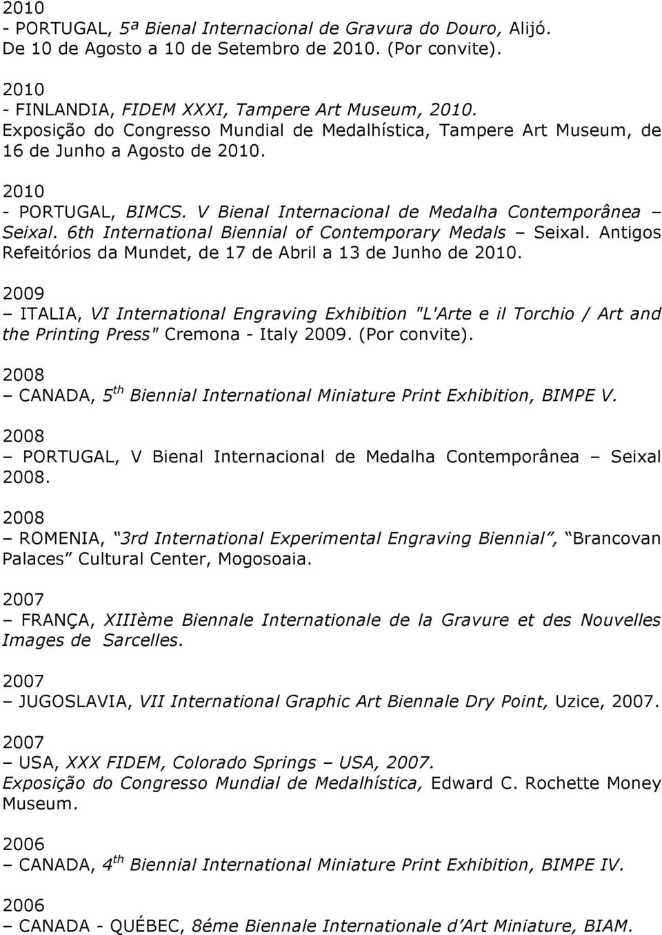 6th International Biennial of Contemporary Medals Seixal. Antigos Refeitórios da Mundet, de 17 de Abril a 13 de Junho de 2010.