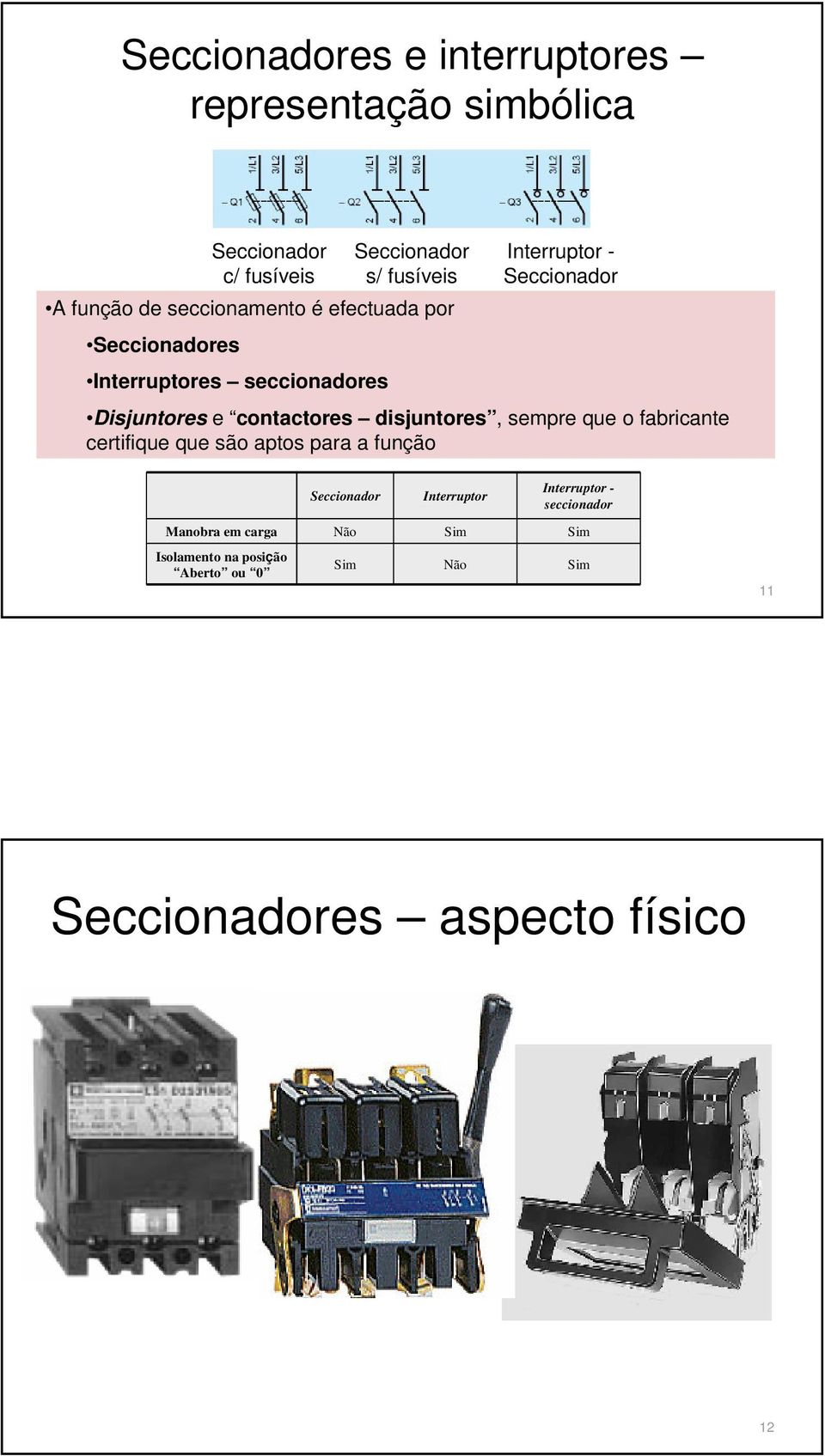 contactores disjuntores, sempre que o fabricante certifique que são aptos para a função Seccionador Interruptor