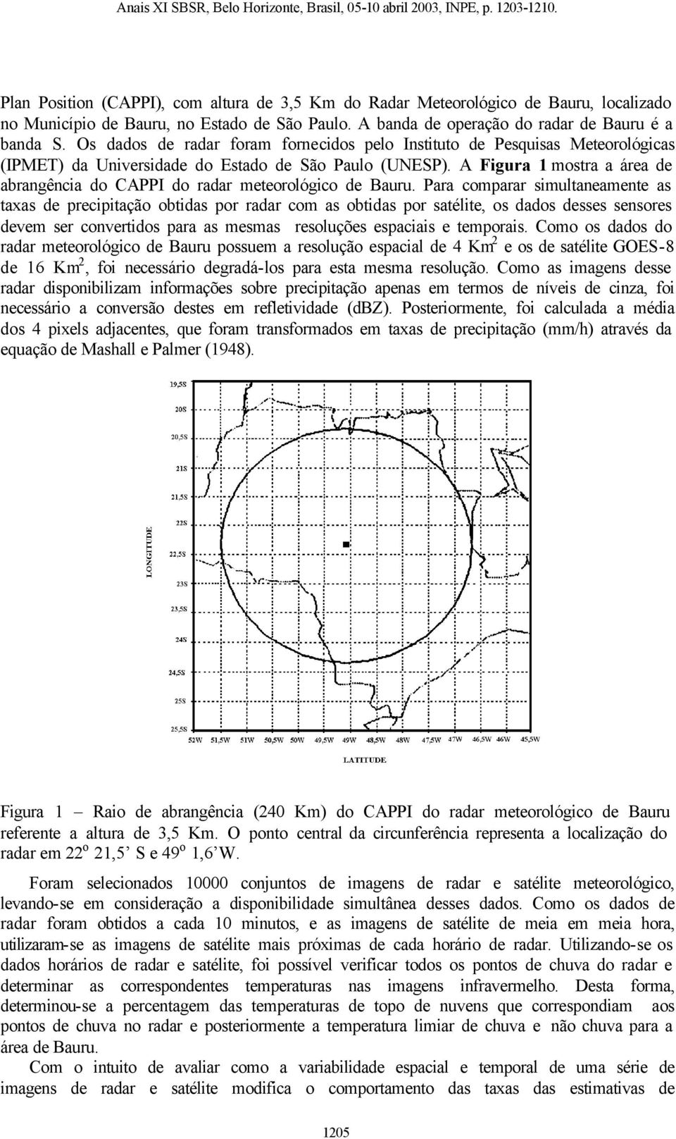 A Figura mostra a área de abrangência do CAPPI do radar meteorológico de Bauru.