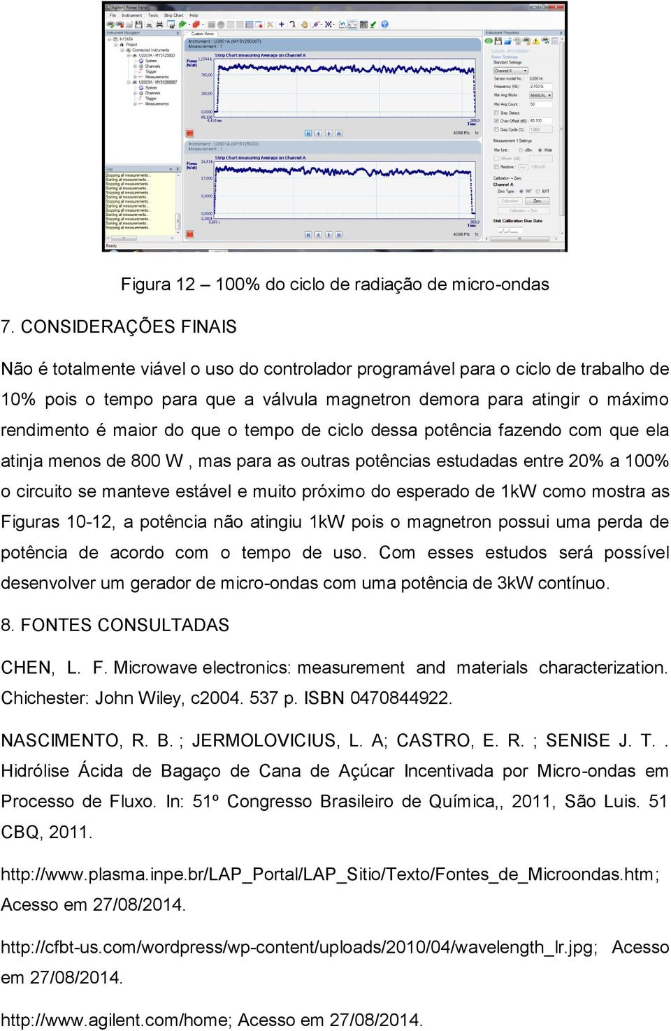 do que o tempo de ciclo dessa potência fazendo com que ela atinja menos de 800 W, mas para as outras potências estudadas entre 20% a 100% o circuito se manteve estável e muito próximo do esperado de