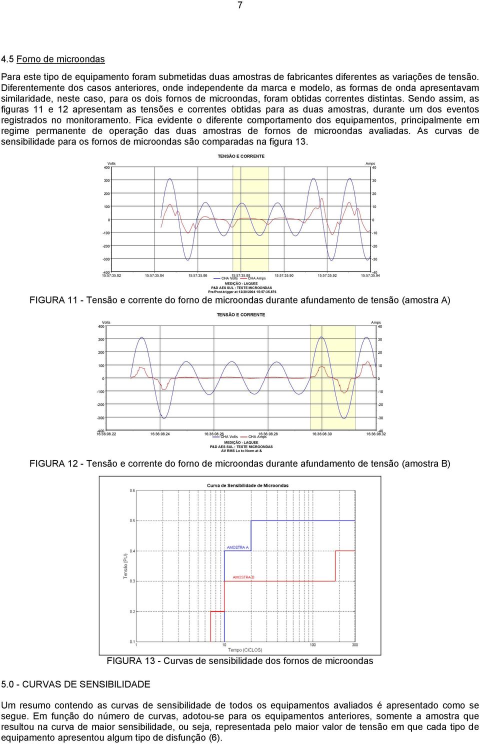Sendo assim, as figuras 11 e 12 apresentam as tensões e correntes obtidas para as duas amostras, durante um dos eventos registrados no monitoramento.