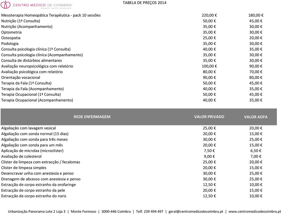 vocacional Terapia da Fala (1ª Consulta) 90,00 80,00 45,00 Terapia da Fala (Acompanhamento) Terapia Ocupacional (1ª Consulta) Terapia Ocupacional (Acompanhamento) 45,00 REDE ENFERMAGEM VALOR PRIVADO