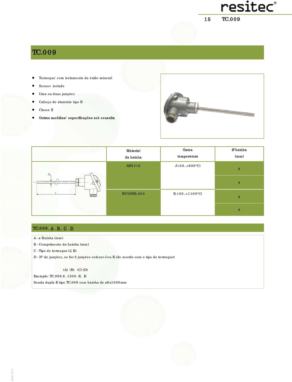da bainha AISI 31 J (-50..+00ºC) Ø bainha INCONEL 00 K (-50..+1100ºC) TC.009. A. B. C.