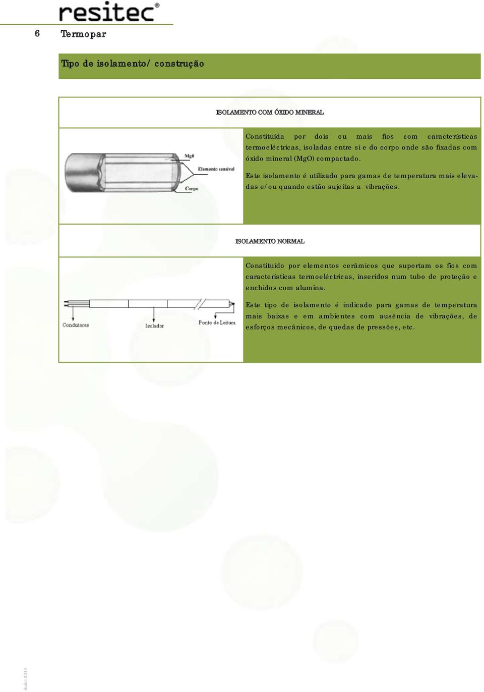 ISOLAMENTO NORMAL Constituído por elementos cerâmicos que suportam os fios com características termoeléctricas, inseridos num tubo de proteção e enchidos com