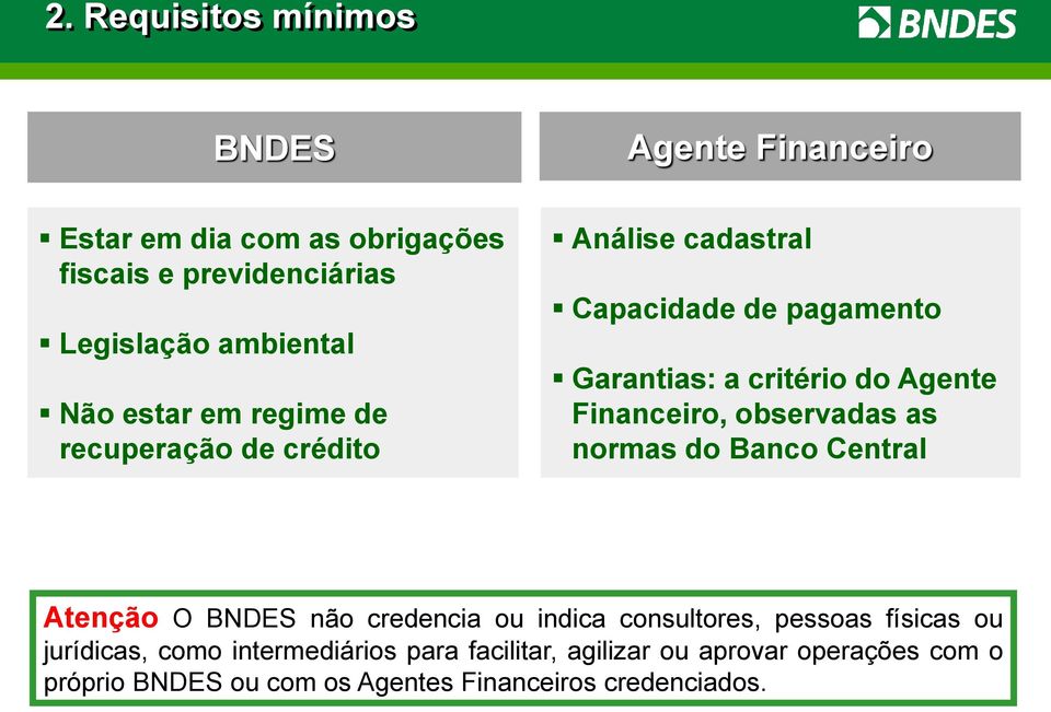 Financeiro, observadas as normas do Banco Central Atenção O BNDES não credencia ou indica consultores, pessoas físicas ou