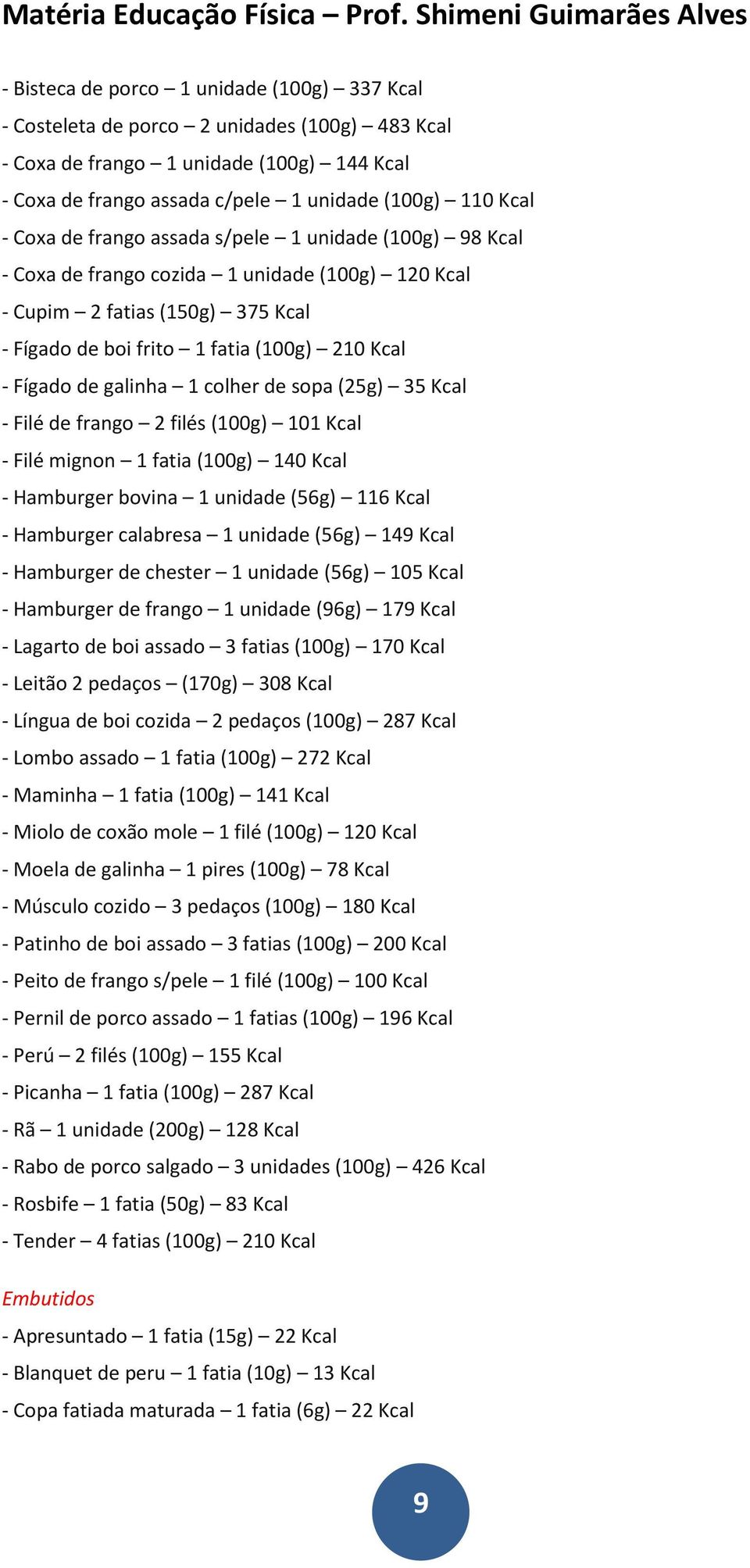 colher de sopa (25g) 35 Kcal - Filé de frango 2 filés (100g) 101 Kcal - Filé mignon 1 fatia (100g) 140 Kcal - Hamburger bovina 1 unidade (56g) 116 Kcal - Hamburger calabresa 1 unidade (56g) 149 Kcal