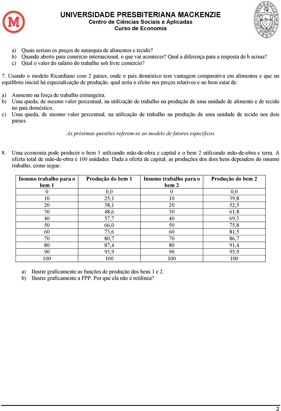 Usando o modelo Ricardiano com 2 países, onde o país doméstico tem vantagem comparativa em alimentos e que no equilíbrio inicial há especialização de produção, qual seria o efeito nos preços