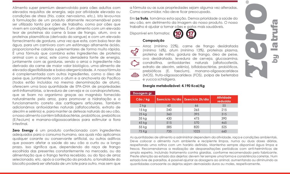 É um alimento com um elevado teor de proteínas da carne à base de frango, atum, ovo e proteínas plasmáticas (derivado do sangue) e com um elevado fornecimento de gordura, uma vez que esta, com baixo