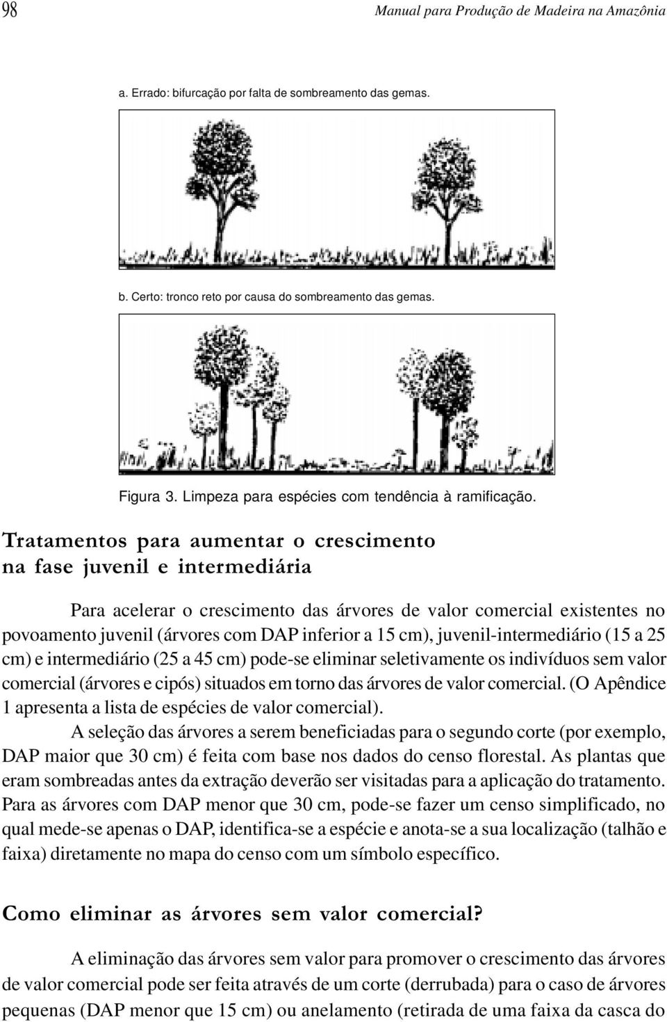 Tratamentos para aumentar o crescimento na fase juvenil e intermediária Para acelerar o crescimento das árvores de valor comercial existentes no povoamento juvenil (árvores com DAP inferior a 15 cm),