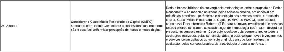 diversos riscos, o resultado final do Custo Médio Ponderado de Capital (CMPC ou WACC), a ser adotado como nova Taxa Interna de Retorno (TIR) para os novos investimentos e serviços fora do escopo