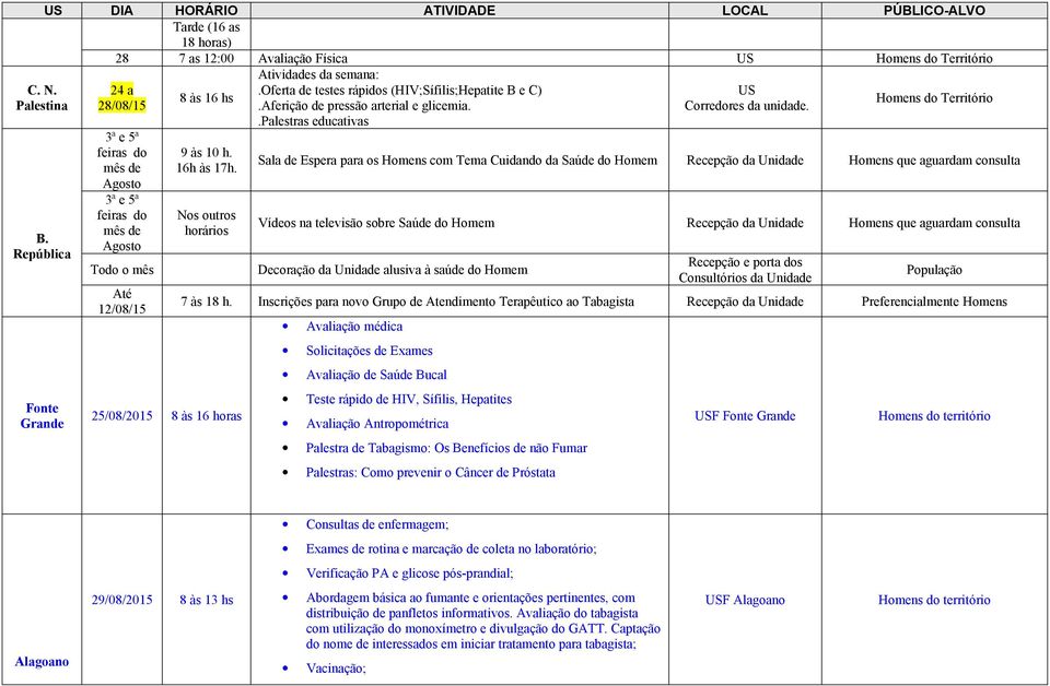 Nos outros horários 25/08/2015 8 às 16 horas Atividades da semana:.oferta de testes rápidos (HIV;Sífilis;Hepatite B e C).Aferição de pressão arterial e glicemia.