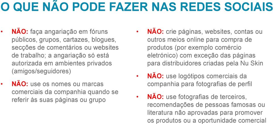 contas ou outros meios online para compra de produtos (por exemplo comércio eletrónico) com exceção das páginas para distribuidores criadas pela Nu Skin NÃO: use logótipos