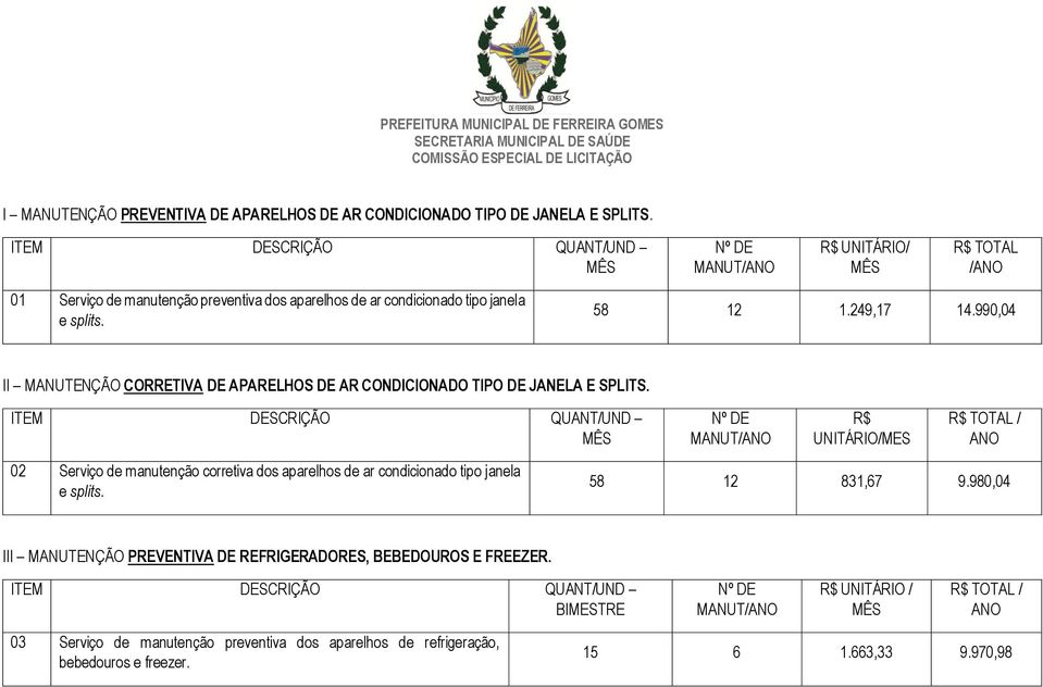 990,04 II MANUTENÇÃO CORRETIVA DE APARELHOS DE AR CONDICIONADO TIPO DE JANELA E SPLITS.