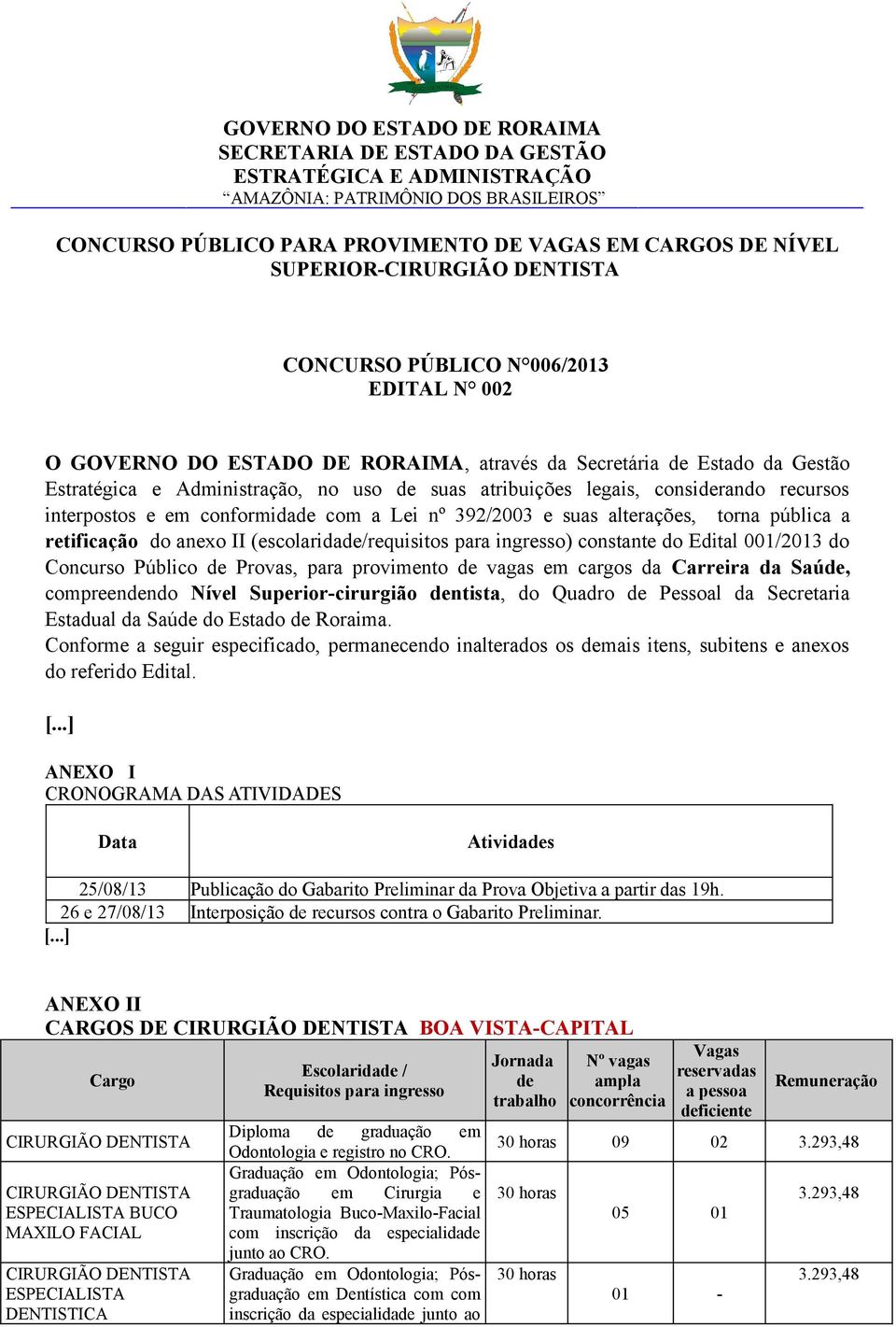 interpostos e em conformida com a Lei nº 392/2003 e suas alterações, torna pública a retificação do anexo II (escolarida/requisitos para ingresso) constante do Edital 001/2013 do Concurso Público