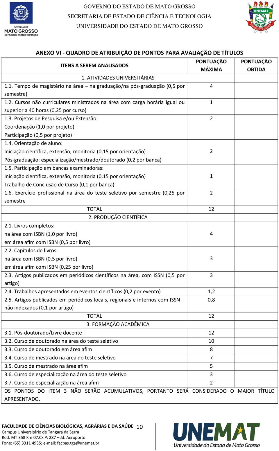 Projetos de Pesquisa e/ou Extensão: Coordenação (1,0 por projeto) Participação (0,5 por projeto) 1.4.