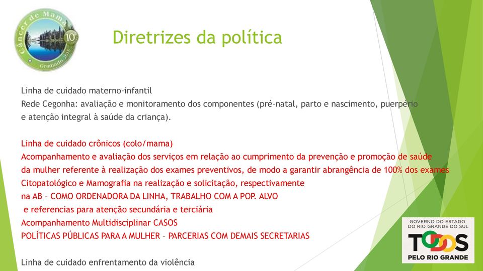 Linha de cuidado crônicos (colo/mama) Acompanhamento e avaliação dos serviços em relação ao cumprimento da prevenção e promoção de saúde da mulher referente à realização dos exames