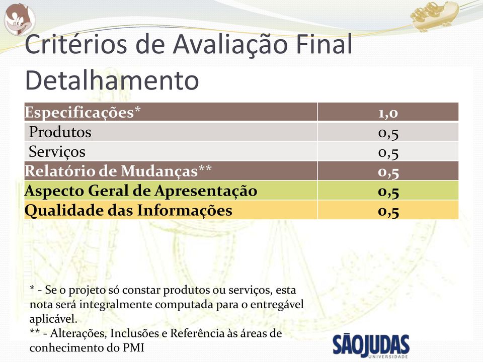 * - Se o projeto só constar produtos ou serviços, esta nota será integralmente computada