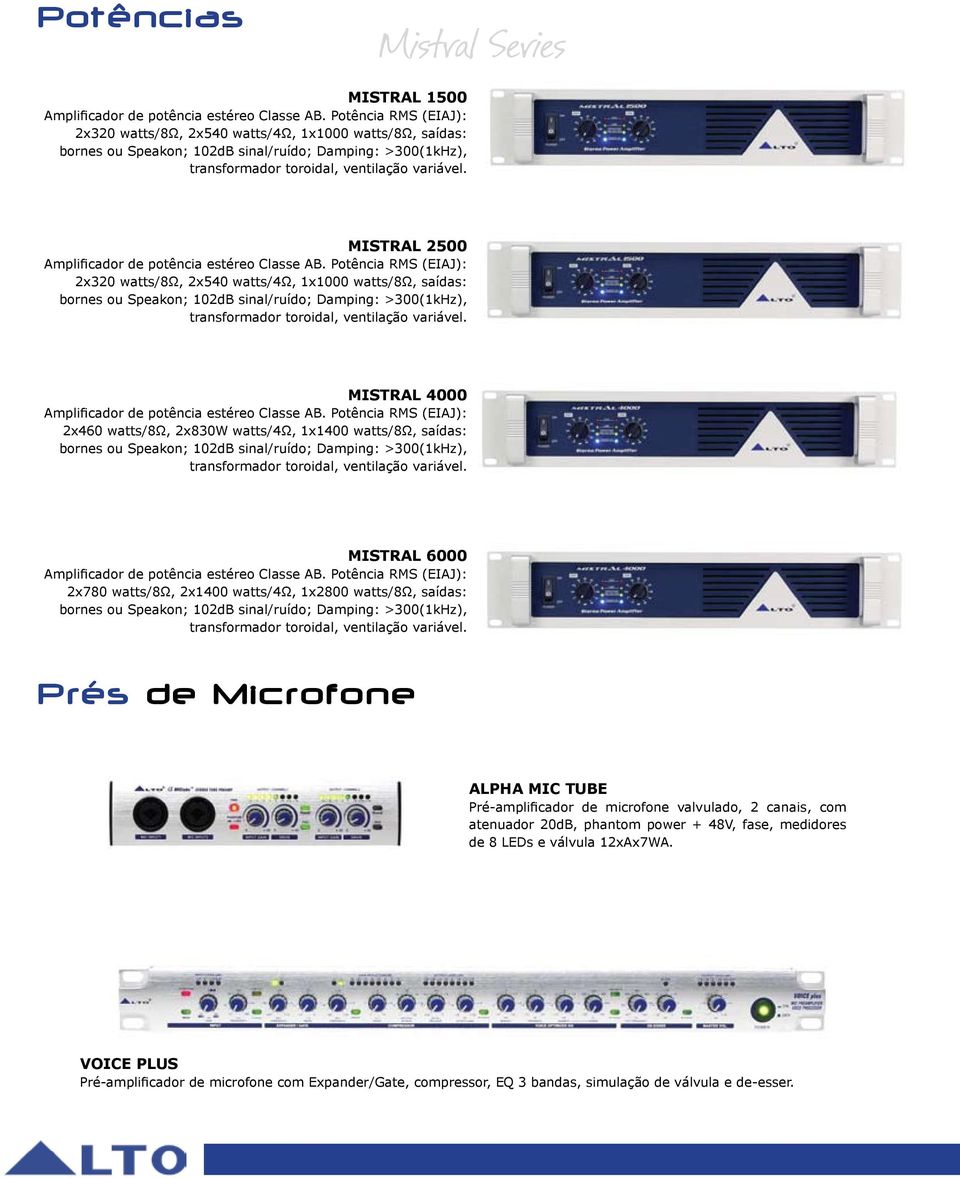 MISTRAL 2500 Amplificador de potência estéreo Classe AB.  MISTRAL 4000 Amplificador de potência estéreo Classe AB.