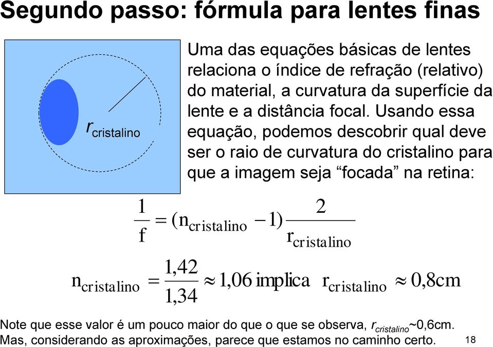 Usando essa equação, podemos descobrir qual deve ser o raio de curvatura do cristalino para que a imagem seja focada na retina: cristalino 1) r