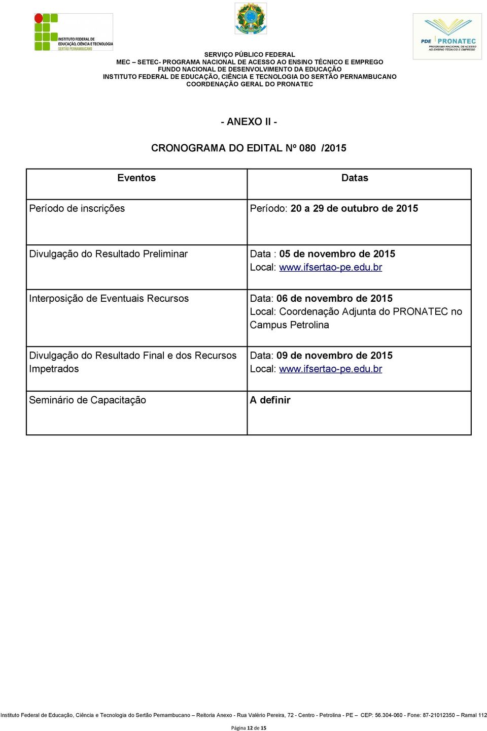 br Interposição de Eventuais Recursos Data: 06 de novembro de 2015 Local: Coordenação Adjunta do PRONATEC no Campus Petrolina
