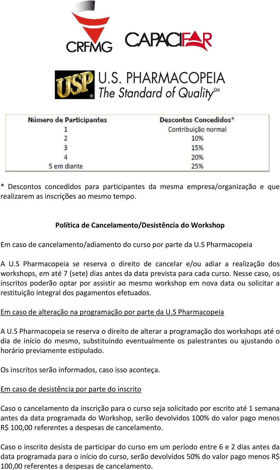 S Pharmacopeia se reserva o direito de cancelar e/ou adiar a realização dos workshops, em até 7 (sete) dias antes da data prevista para cada curso.