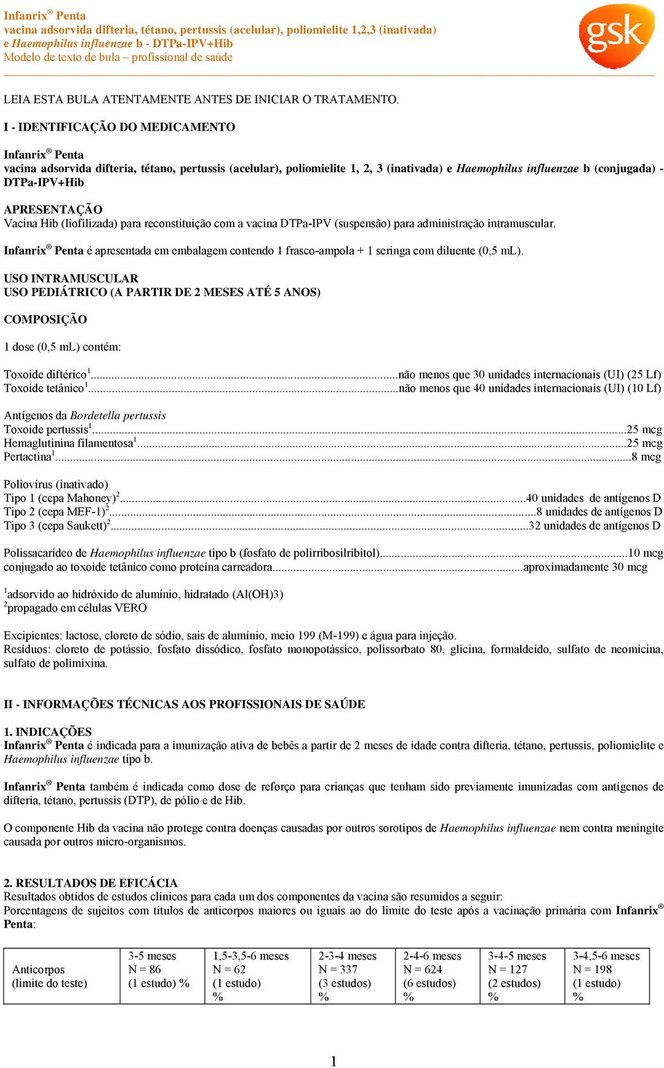 APRESENTAÇÃO Vacina Hib (liofilizada) para reconstituição com a vacina DTPa-IPV (suspensão) para administração intramuscular.