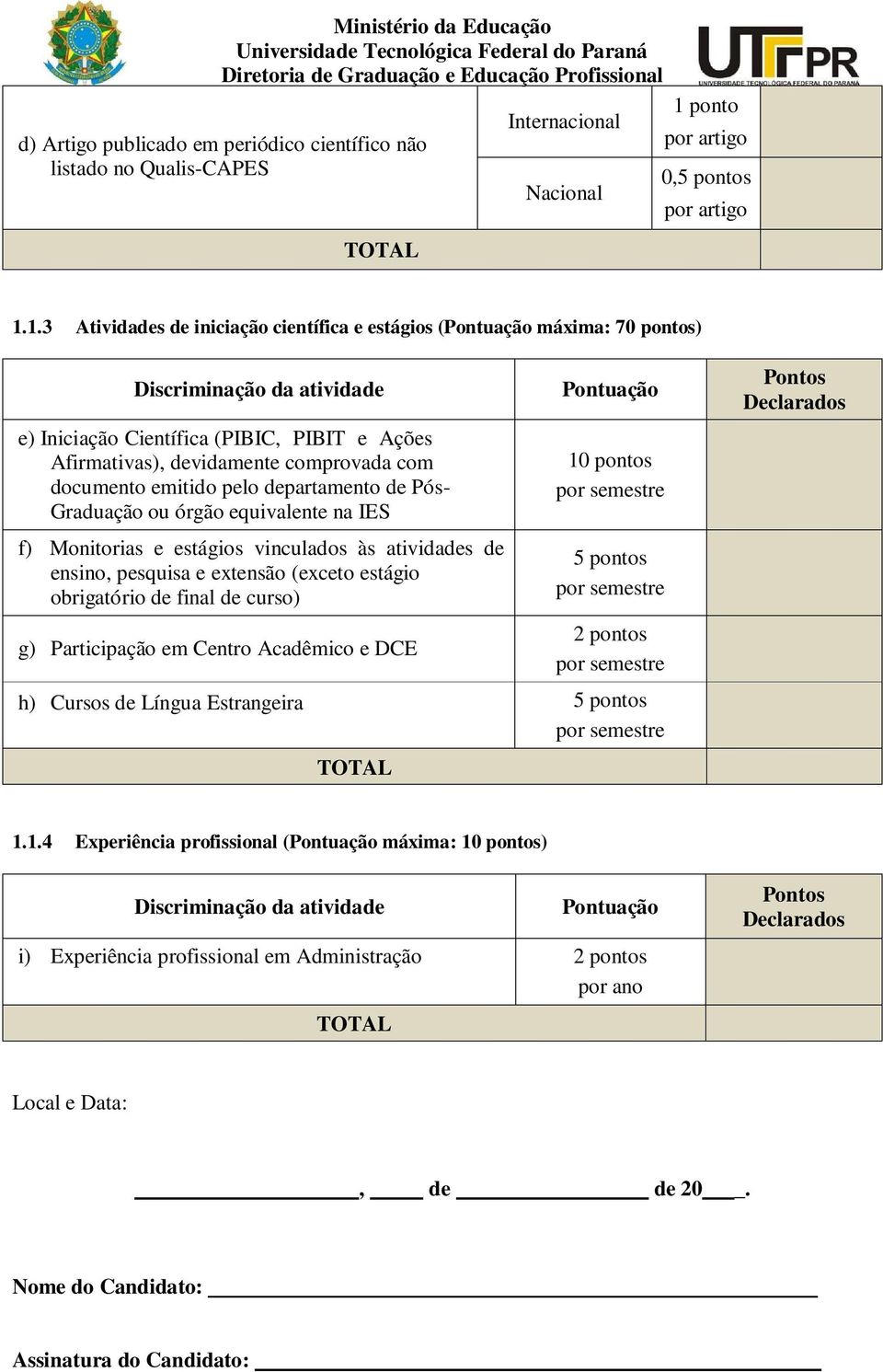 1.3 Atividades de iniciação científica e estágios ( máxima: 70 pontos) e) Iniciação Científica (PIBIC, PIBIT e Ações Afirmativas), devidamente comprovada com documento emitido pelo departamento