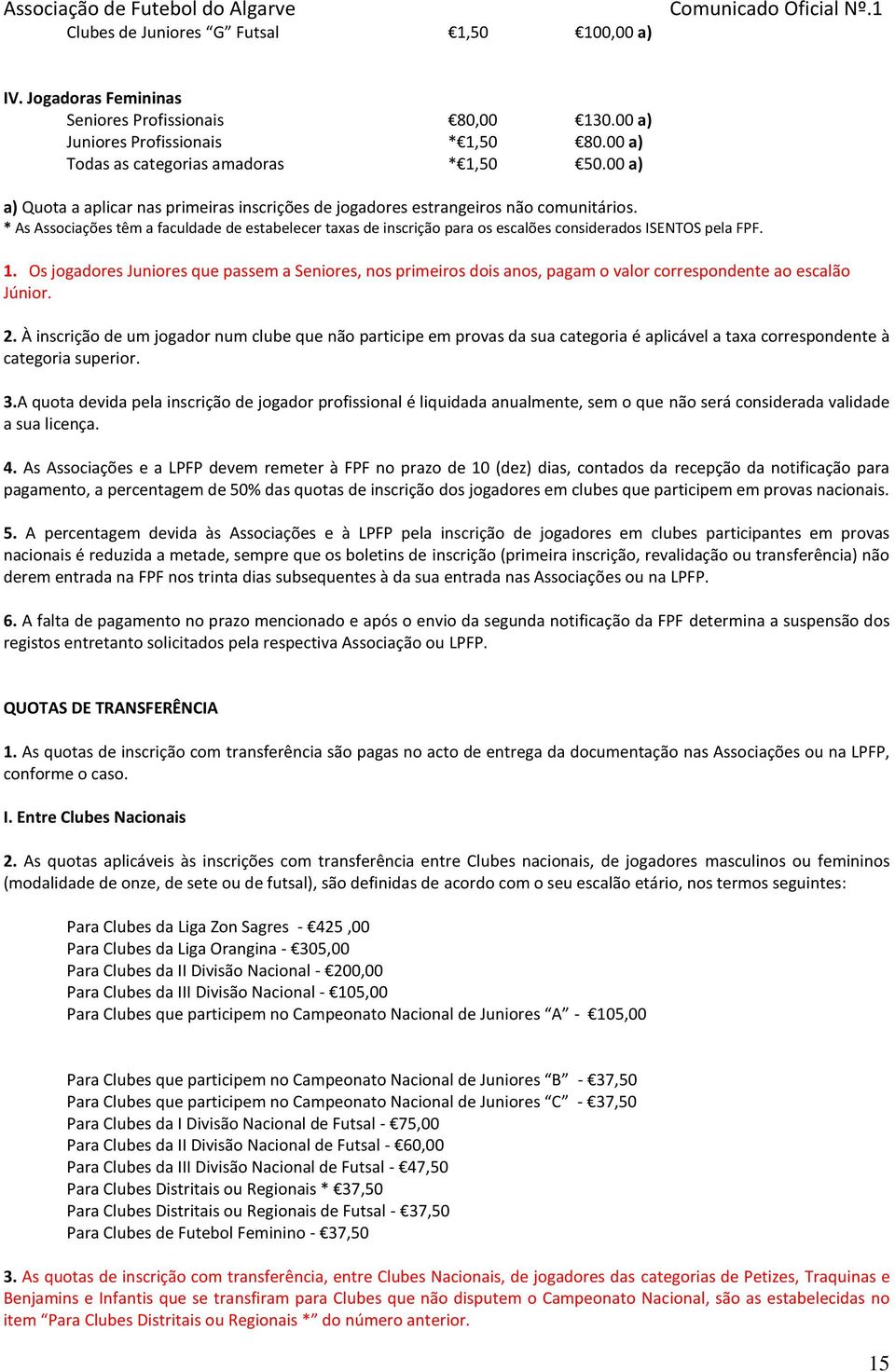 * As Associações têm a faculdade de estabelecer taxas de inscrição para os escalões considerados ISENTOS pela FPF. 1.