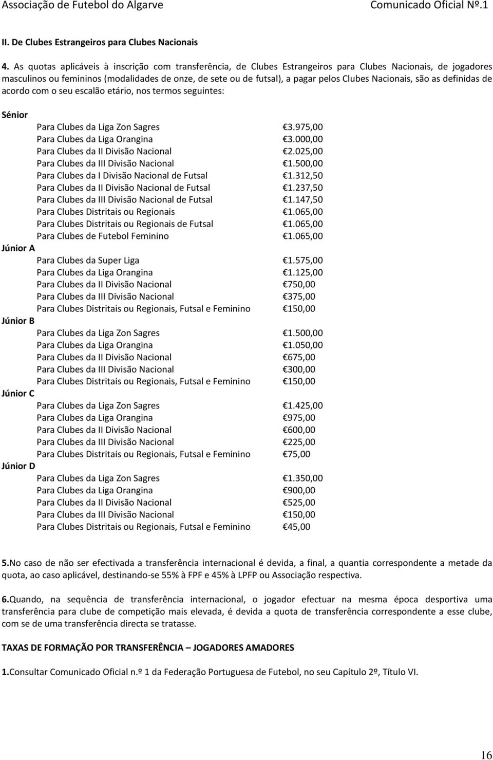 Clubes Nacionais, são as definidas de acordo com o seu escalão etário, nos termos seguintes: Sénior Para Clubes da Liga Zon Sagres 3.975,00 Para Clubes da Liga Orangina 3.