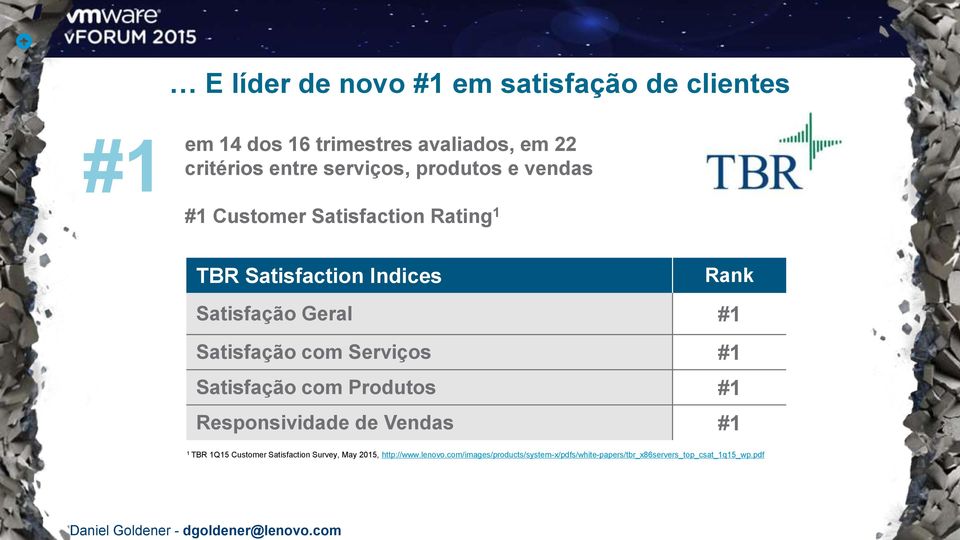 produtos e vendas #1 Customer Satisfaction Rating 1 TBR Satisfaction Indices Rank Satisfação Geral #1 Satisfação com