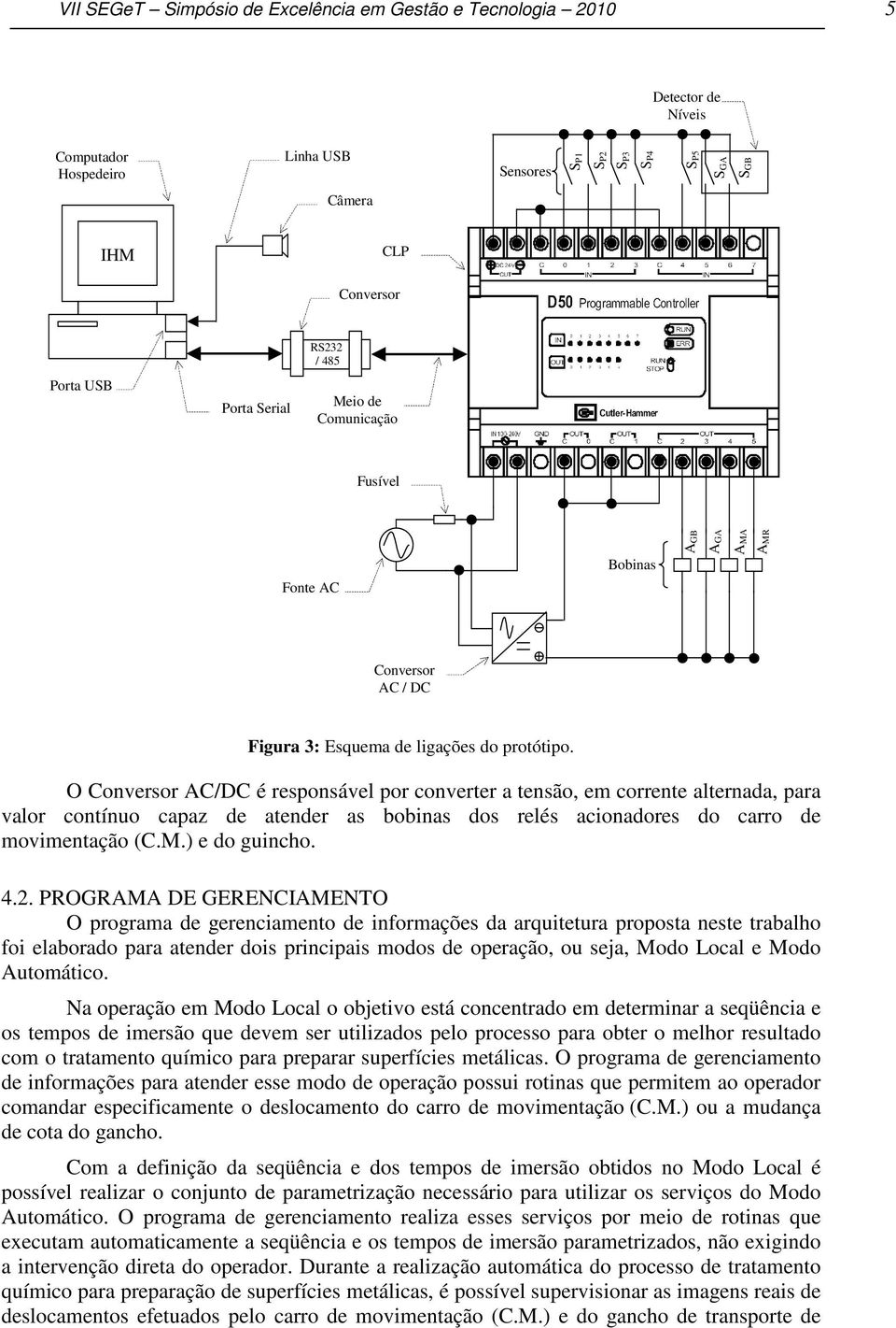 O Conversor AC/DC é responsável por converter a tensão, em corrente alternada, para valor contínuo capaz de atender as bobinas dos relés acionadores do carro de movimentação (C.M.) e do guincho. 4.2.
