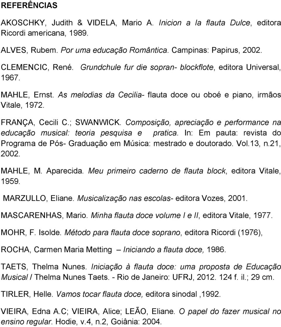 Composição, apreciação e performance na educação musical: teoria pesquisa e pratica. In: Em pauta: revista do Programa de Pós- Graduação em Música: mestrado e doutorado. Vol.13, n.21, 2002. MAHLE, M.