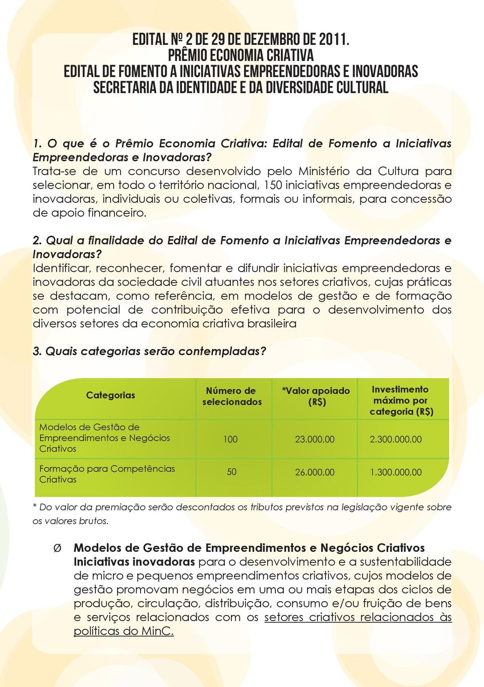 Trata-se de um concurso desenvolvido pelo Ministério da Cultura para selecionar, em todo o território nacional, 150 iniciativas empreendedoras e inovadoras, individuais ou coletivas, formais ou