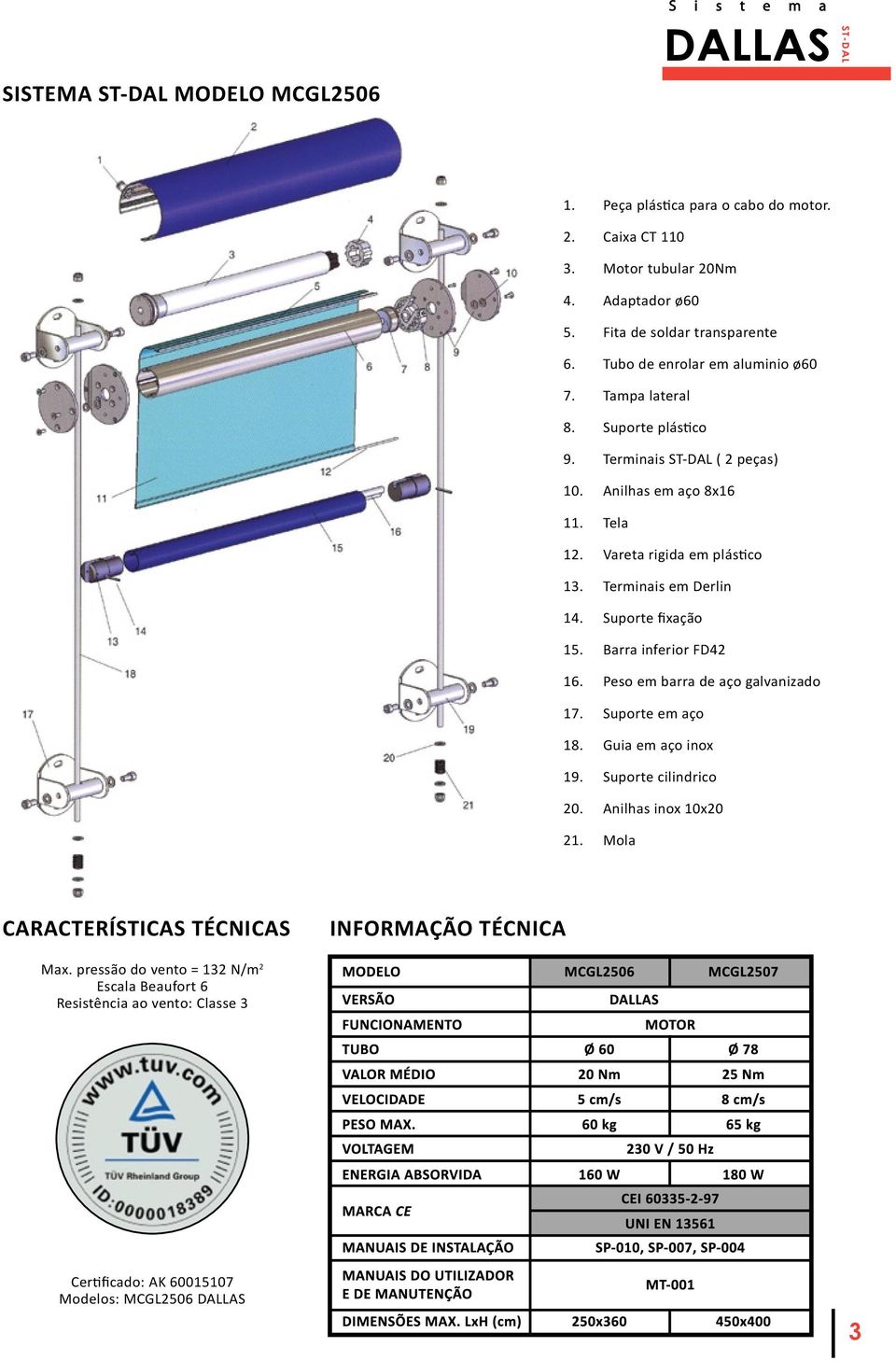 Terminais em Derlin 14. Suporte fixação 15. Barra inferior FD42 16. Peso em barra de aço galvanizado 17. Suporte em aço 18. Guia em aço inox 19. Suporte cilindrico 20.