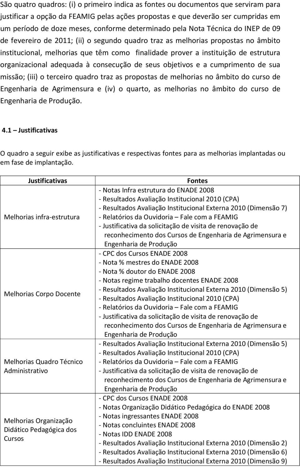 instituição de estrutura organizacional adequada à consecução de seus objetivos e a cumprimento de sua missão; (iii) o terceiro quadro traz as propostas de melhorias no âmbito do curso de Engenharia