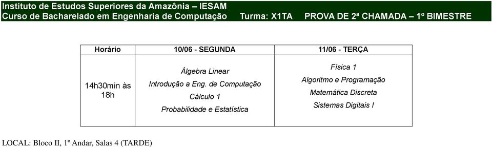 de Computação Cálculo 1 Probabilidade e Estatística Física 1 Algoritmo e