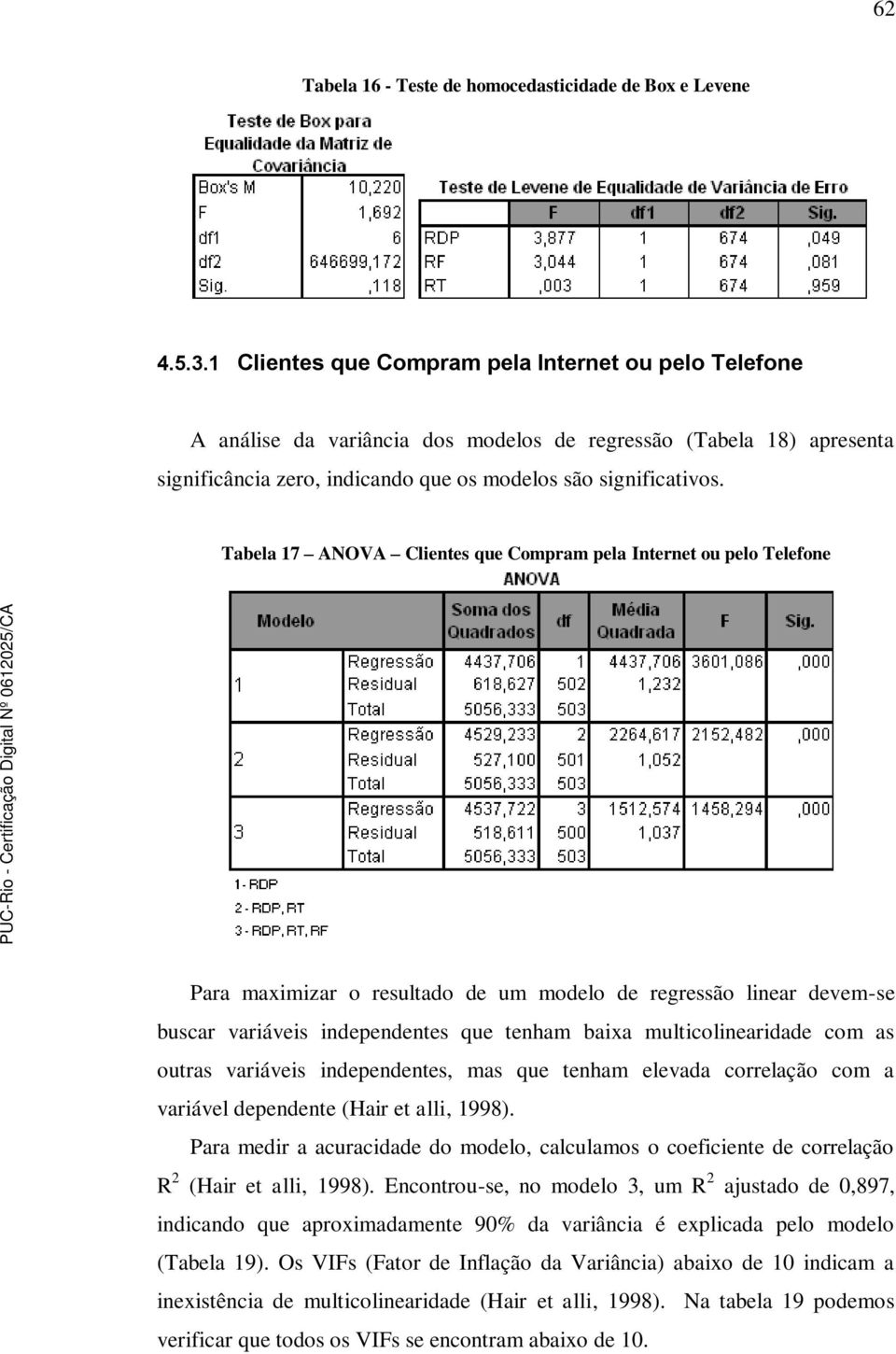 Tabela 17 ANOVA Clientes que Compram pela Internet ou pelo Telefone Para maximizar o resultado de um modelo de regressão linear devem-se buscar variáveis independentes que tenham baixa