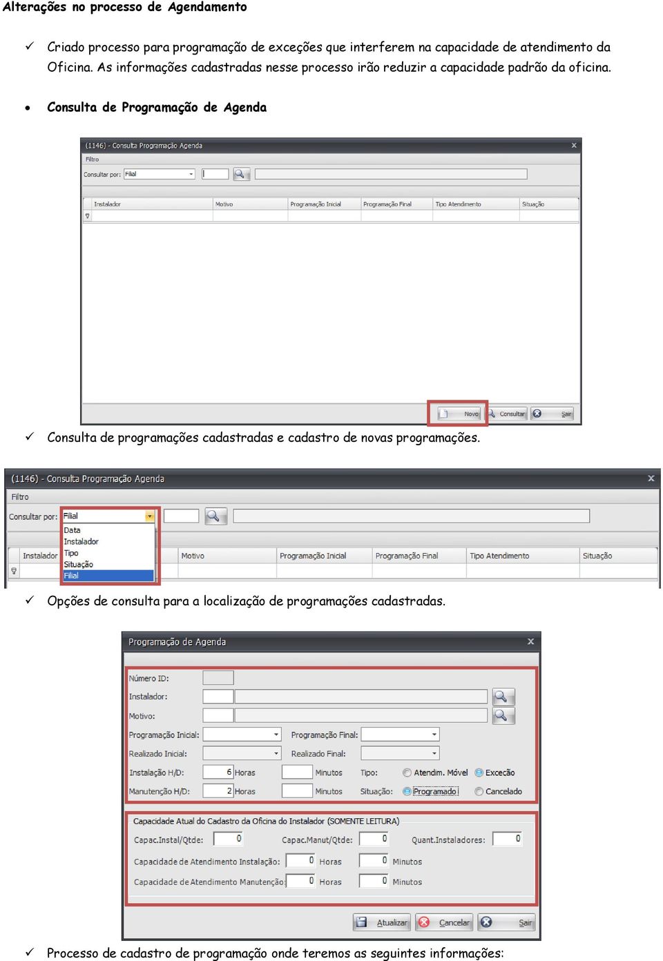 Consulta de Programação de Agenda Consulta de programações cadastradas e cadastro de novas programações.