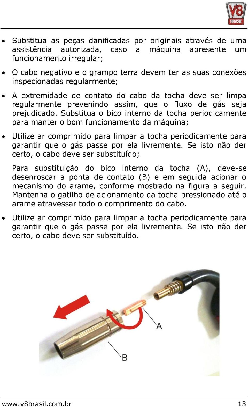 Substitua o bico interno da tocha periodicamente para manter o bom funcionamento da máquina; Utilize ar comprimido para limpar a tocha periodicamente para garantir que o gás passe por ela livremente.