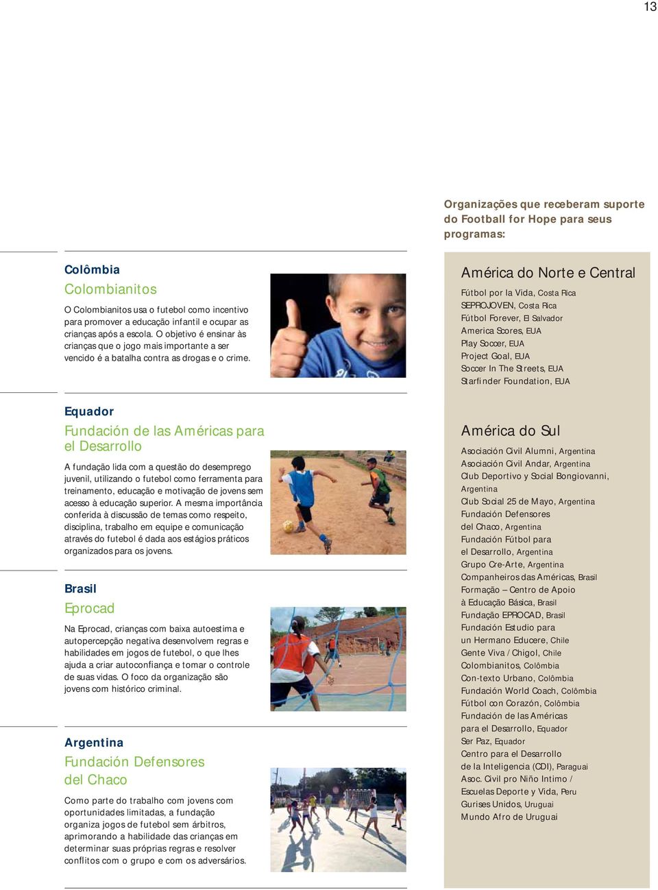 Equador Fundación de las Américas para el Desarrollo A fundação lida com a questão do desemprego juvenil, utilizando o futebol como ferramenta para treinamento, educação e motivação de jovens sem