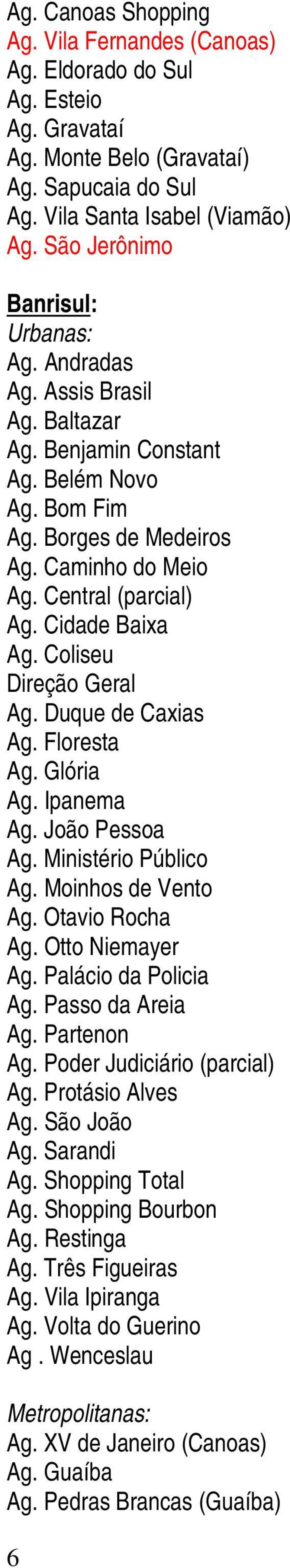 Duque de Caxias Ag. Floresta Ag. Glória Ag. Ipanema Ag. João Pessoa Ag. Ministério Público Ag. Moinhos de Vento Ag. Otavio Rocha Ag. Otto Niemayer Ag. Palácio da Policia Ag. Passo da Areia Ag.