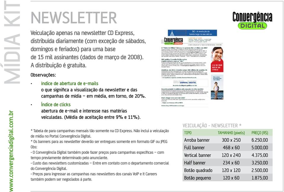 Índice de clicks abertura de e-mail e interesse nas matérias veiculadas. (Média de aceitação entre 9% e 11%). * Tabela de para campanhas mensais tão somente na CD Express.