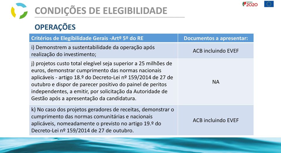 º do Decreto-Lei nº 159/2014 de 27 de outubro e dispor de parecer positivo do painel de peritos independentes, a emitir, por solicitação da Autoridade de Gestão após a apresentação da