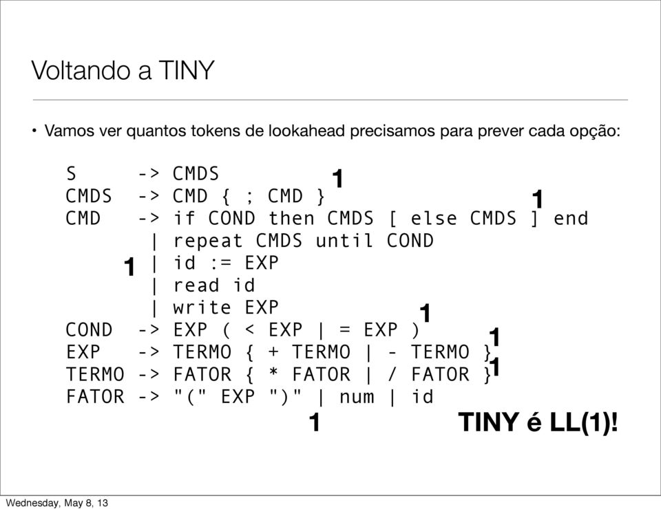 COND id := EXP read id write EXP COND -> EXP ( < EXP = EXP ) EXP -> TERMO { + TERMO - TERMO